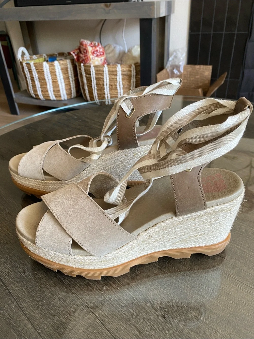 Sorel Beige Espadrille Wedge Sandals with Striped Ankle Ties